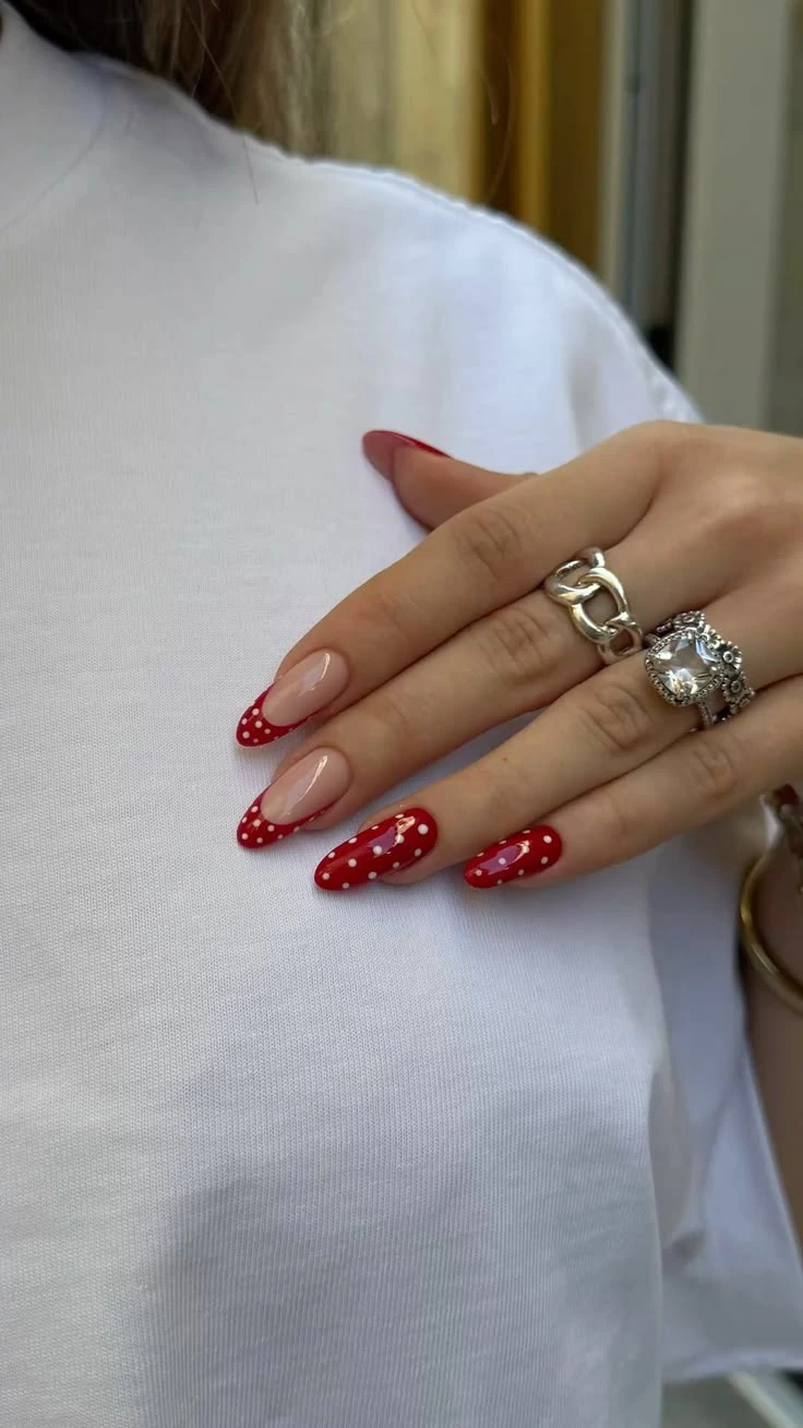 Red polka dot French tip nail art