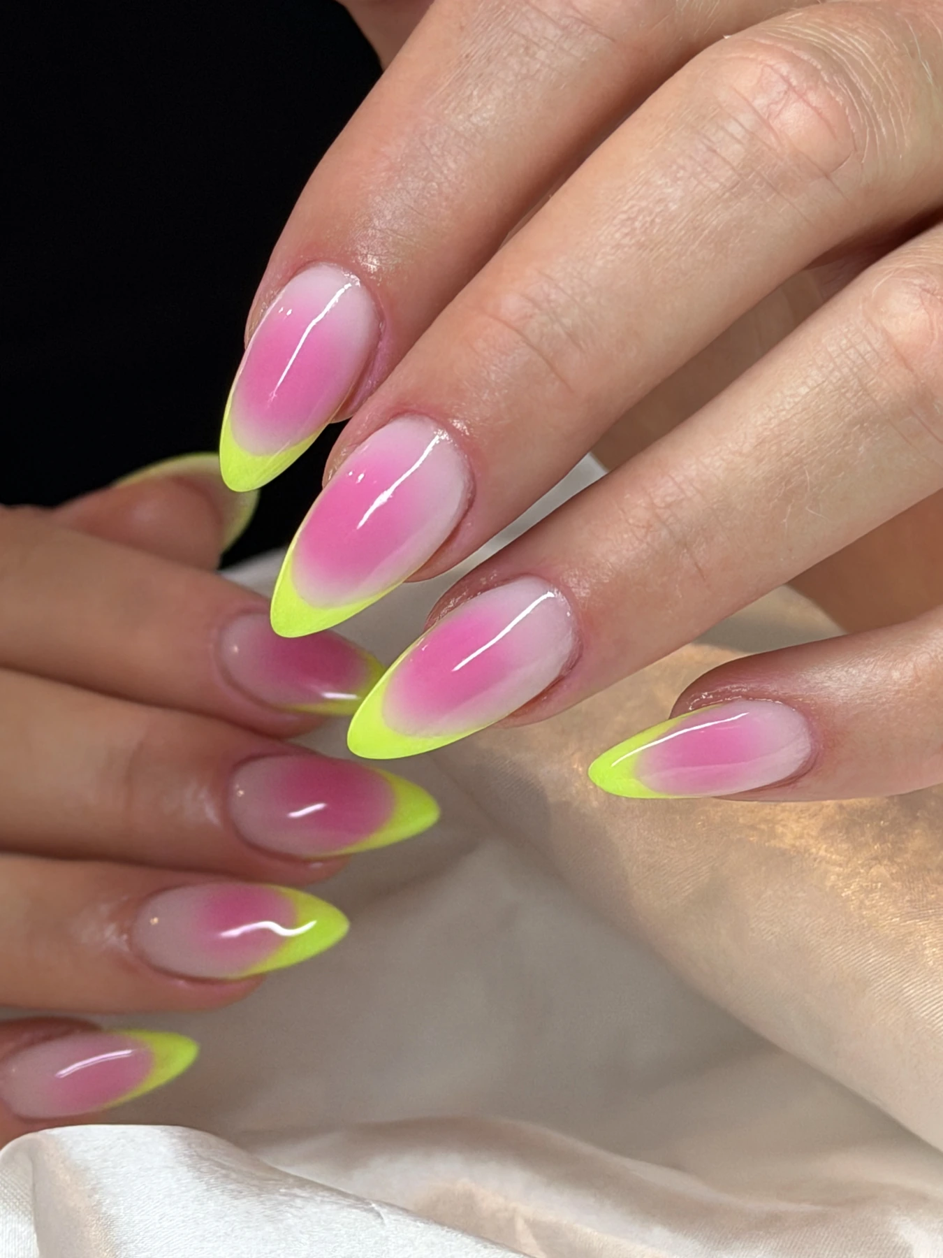 Pink to lime green ombre nail art