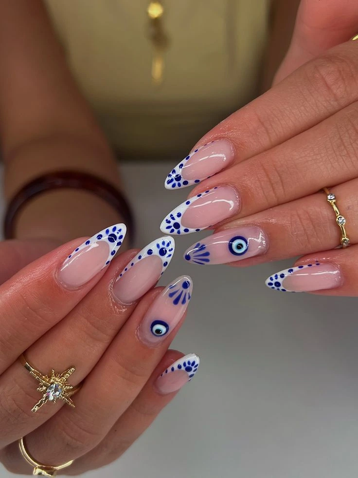 Blue and white porcelain evil eye nail art