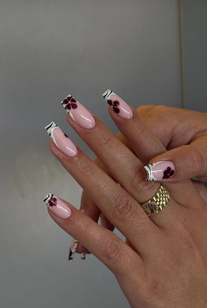 Maroon floral French nail art
