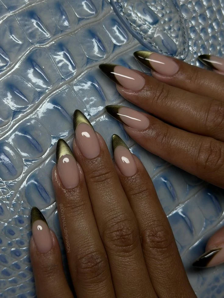 Gold chrome French almond nails
