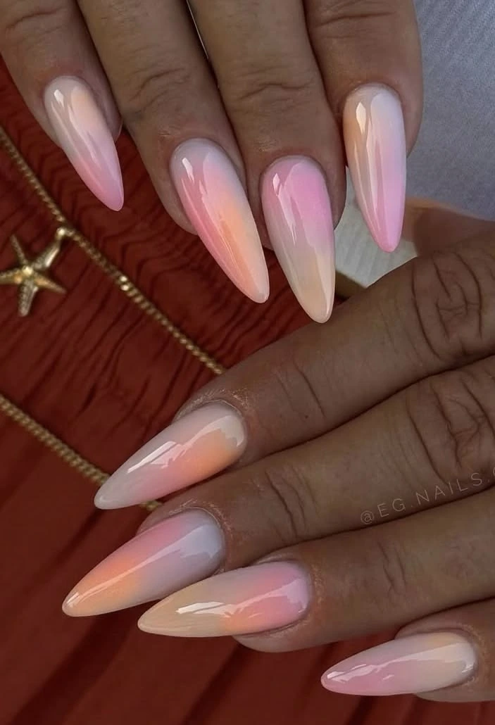 Peach and pink ombre Gel Builder almond nails
