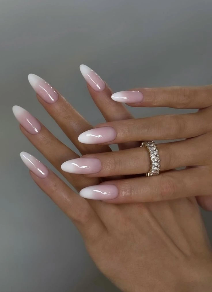 Baby Boomer Shellak — soft nude to white gradient on long almond nails