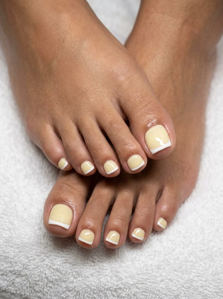 Butter yellow pedicure with white French tips on a spa towel